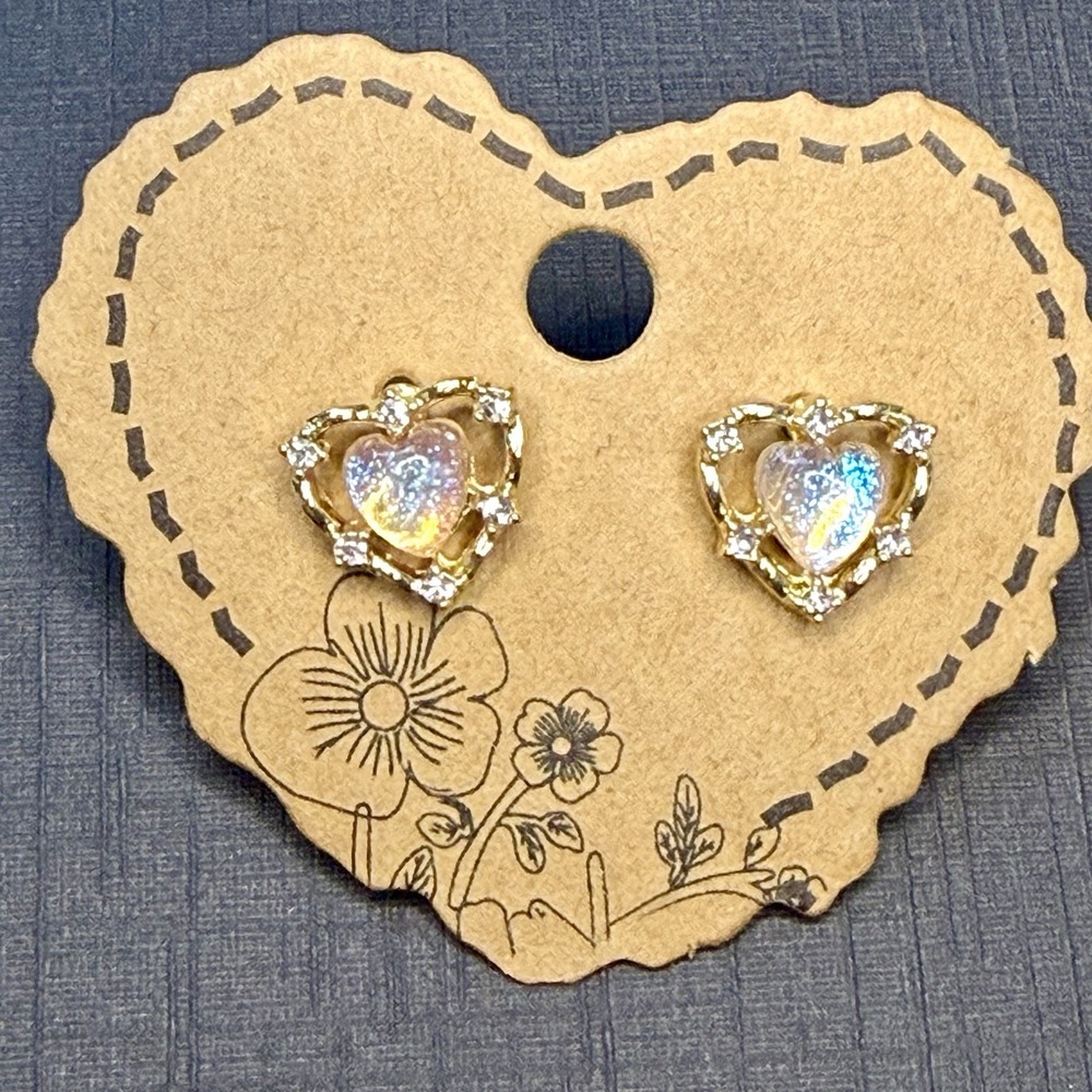 Aurora Borealis Iridescent Heart Shaped Earrings Rainbow Crystal S925 Gold Tone